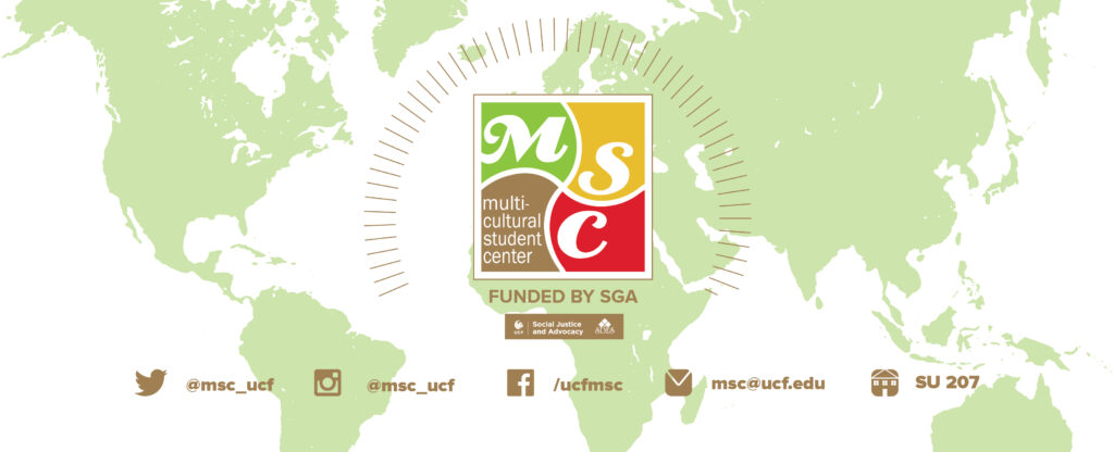 Picture of map with the logo of the multi-cultural student center funded by SGA with social handles