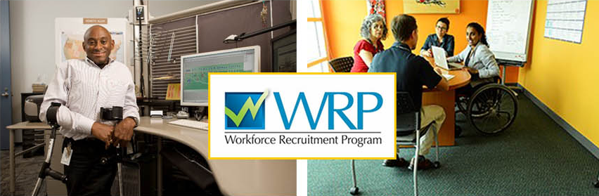 a person with prosthesis and a meeting scene. WRP Workforce Recruitment Program.