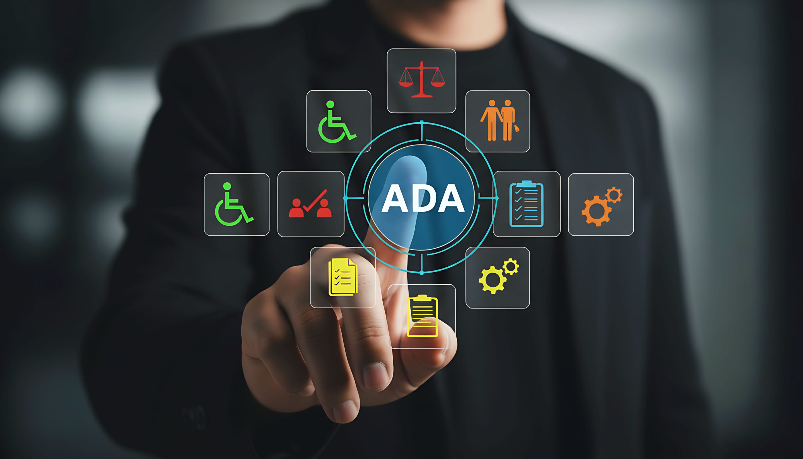 Businessman touching ADA compliance interface accessibility concept