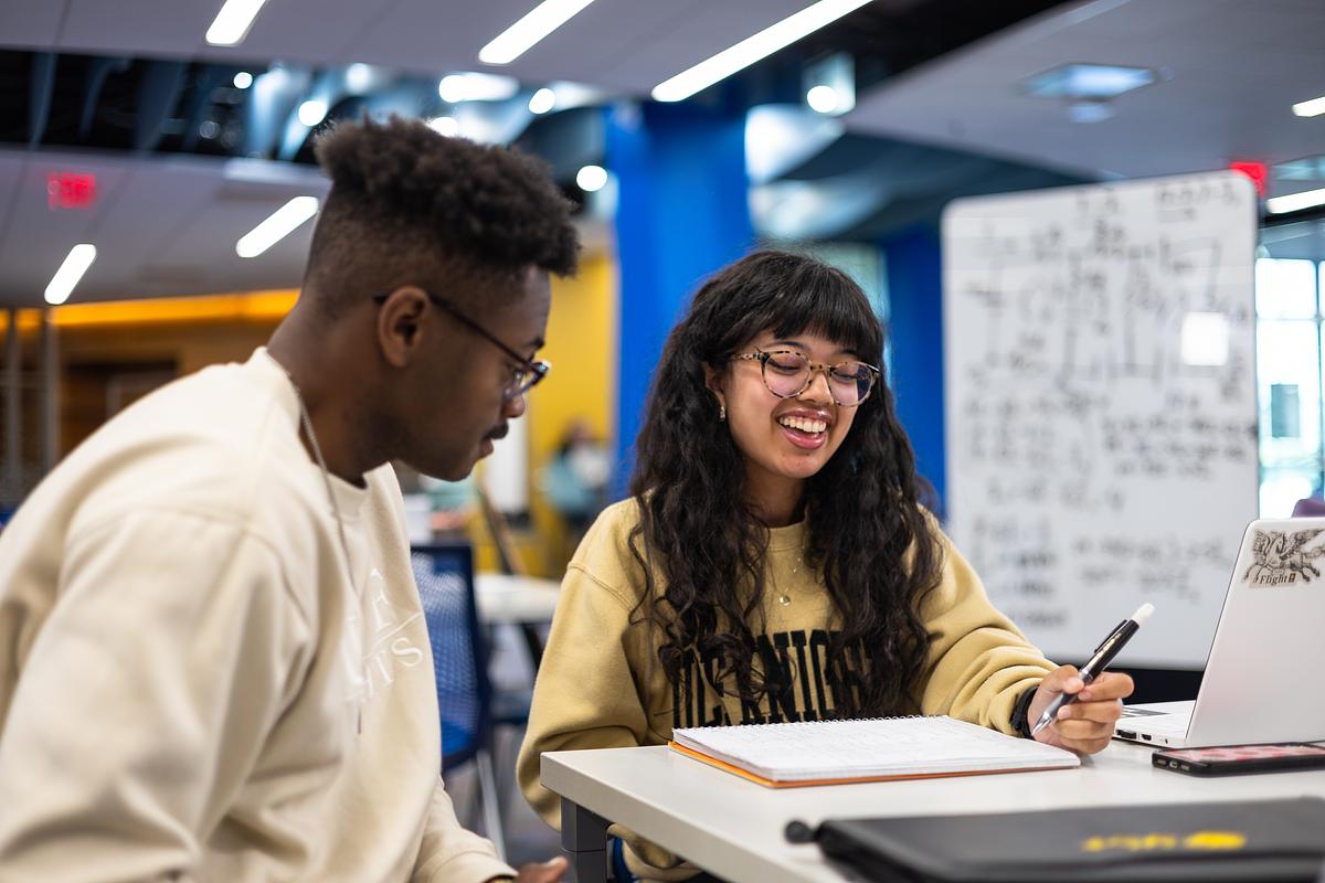 two students in the library working on an assignment together