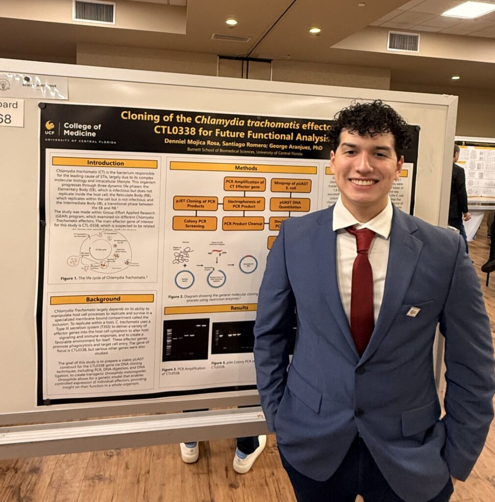 Santiago in business attire standing in front of his research poster